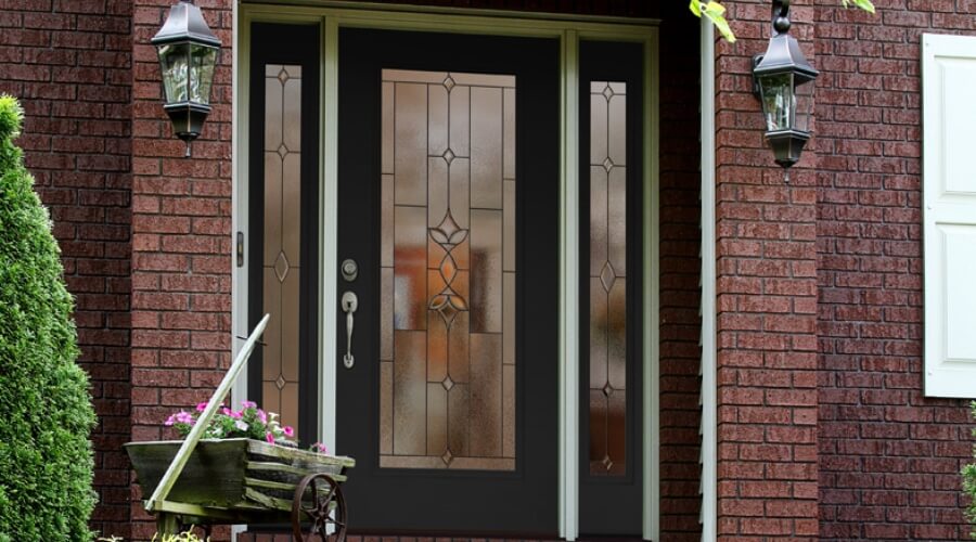 a black front entry door to a house