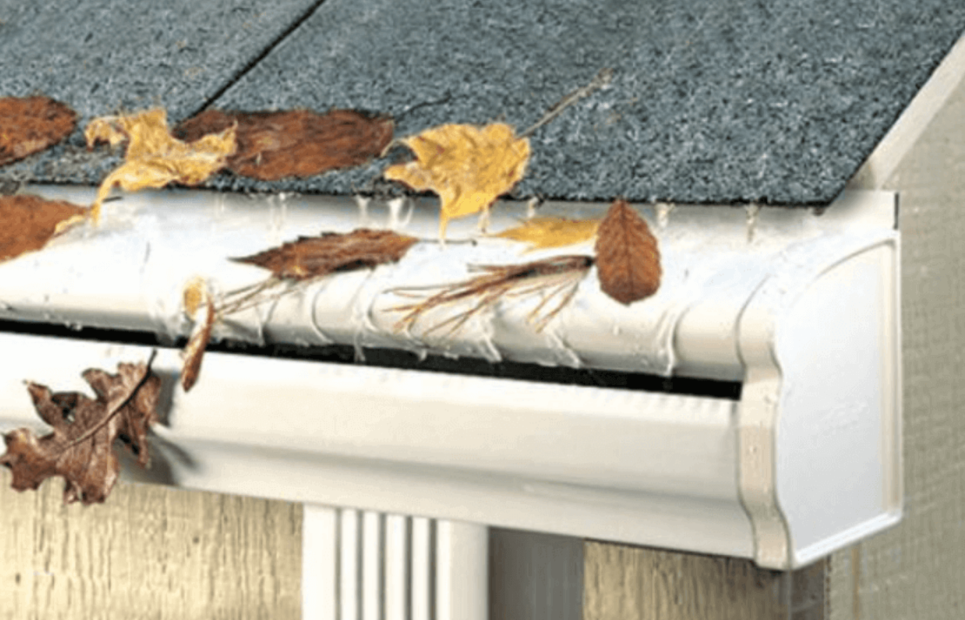 LeafGuard gutter guard with leaves and water flowing on it