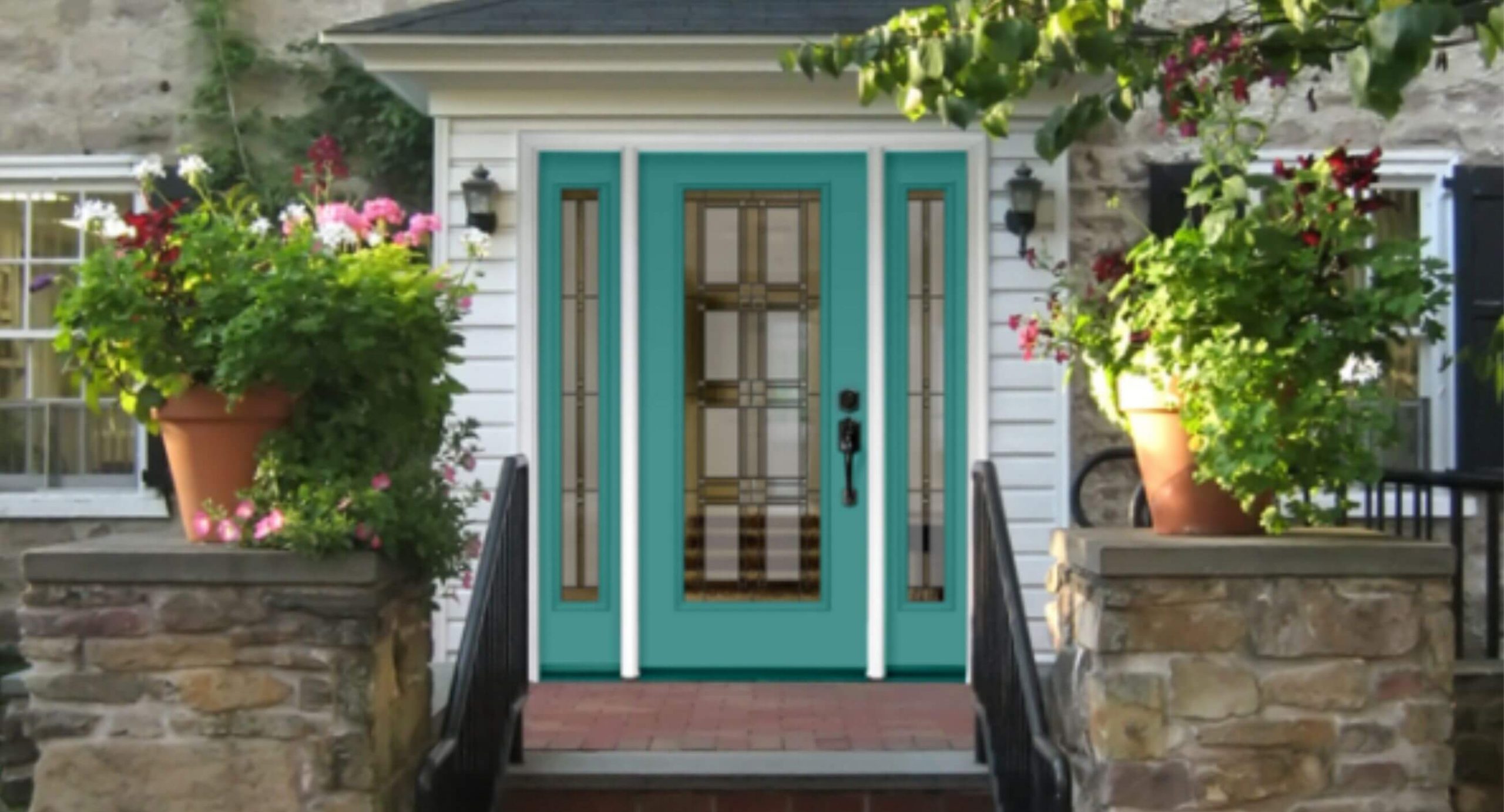 Teal front door with paneled glass inserts
