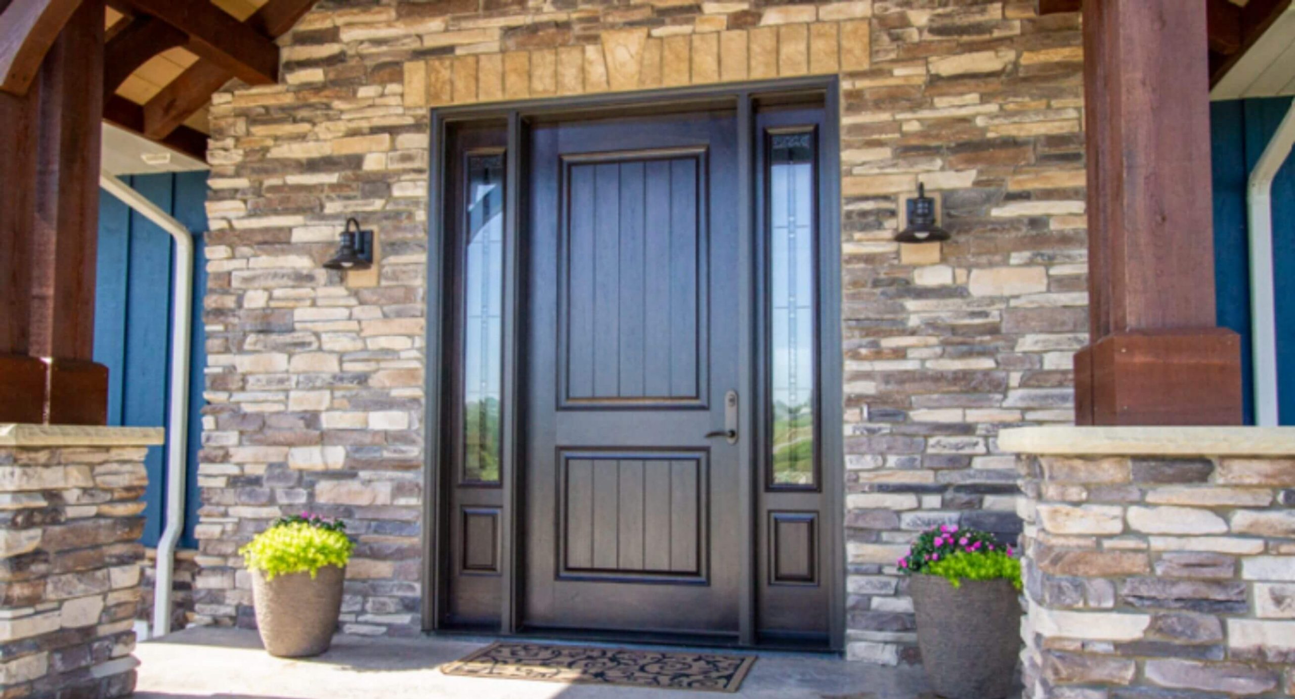 Solid wood door on a brick house