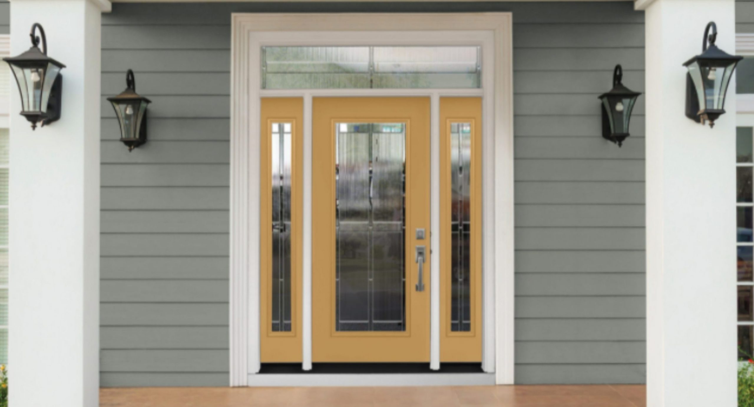 Light colored front door with glass panels