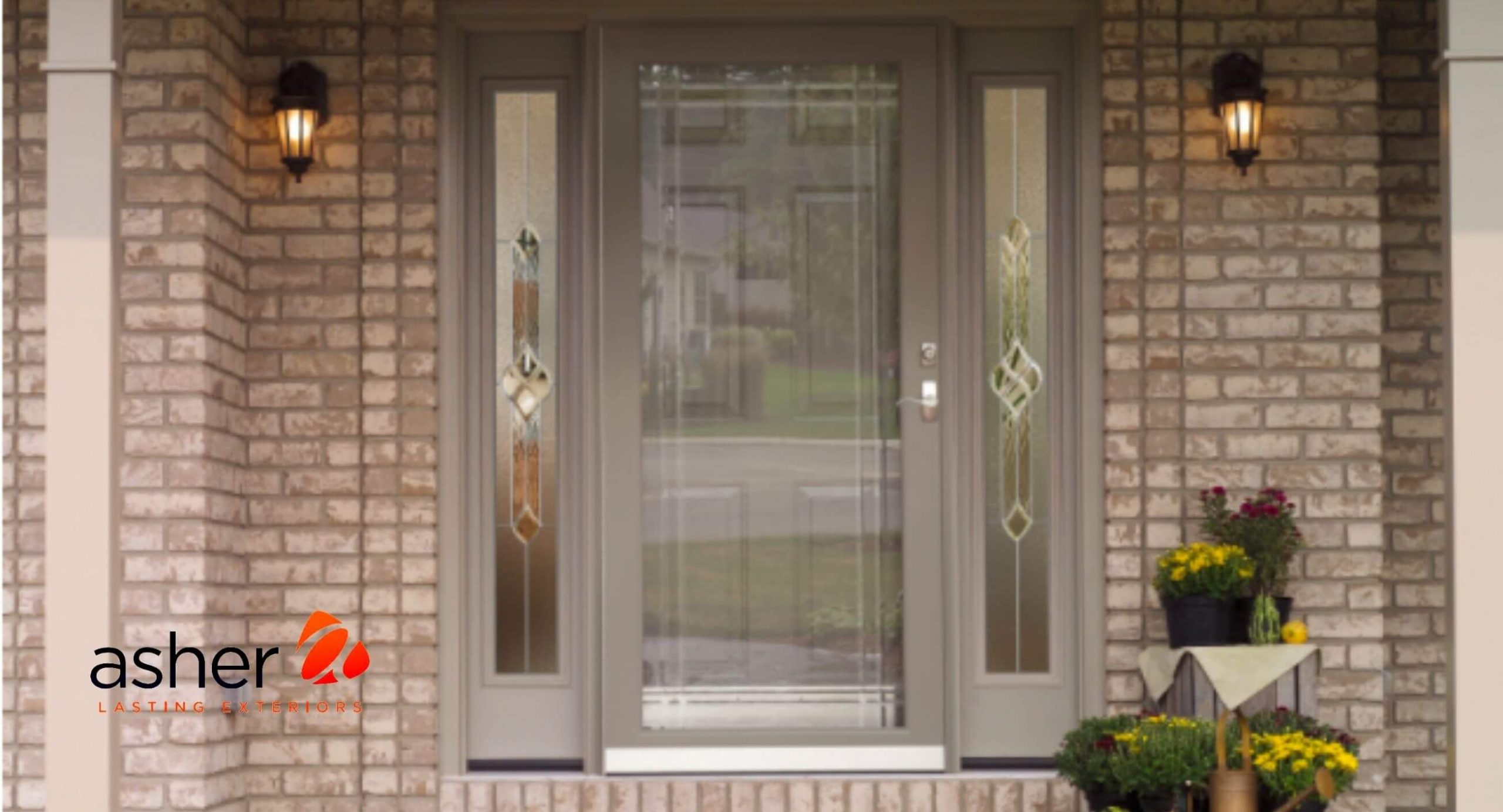 glass storm door on brick home