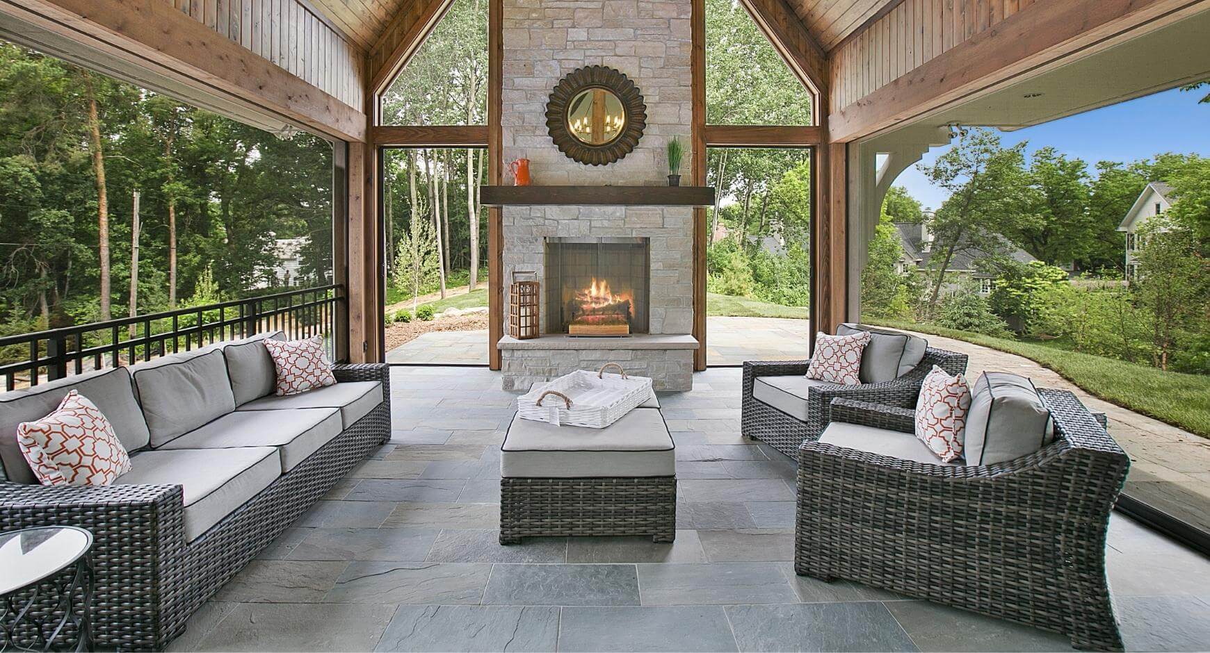 fireplace in a sunroom surround