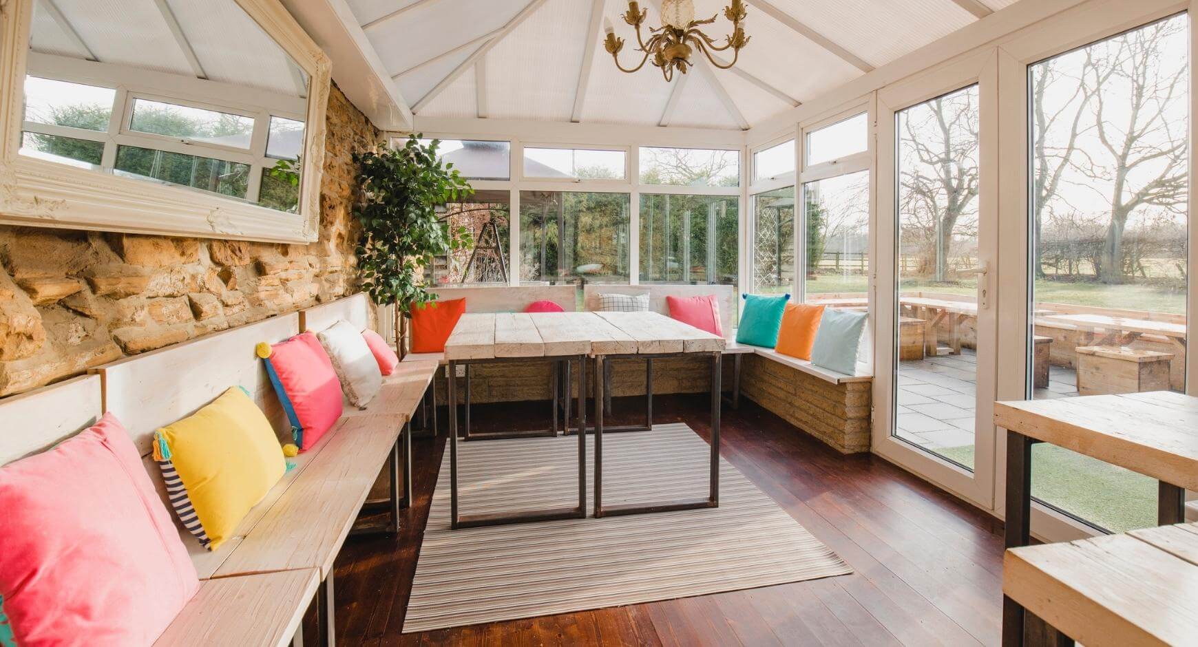 natural sunroom with colorful decor