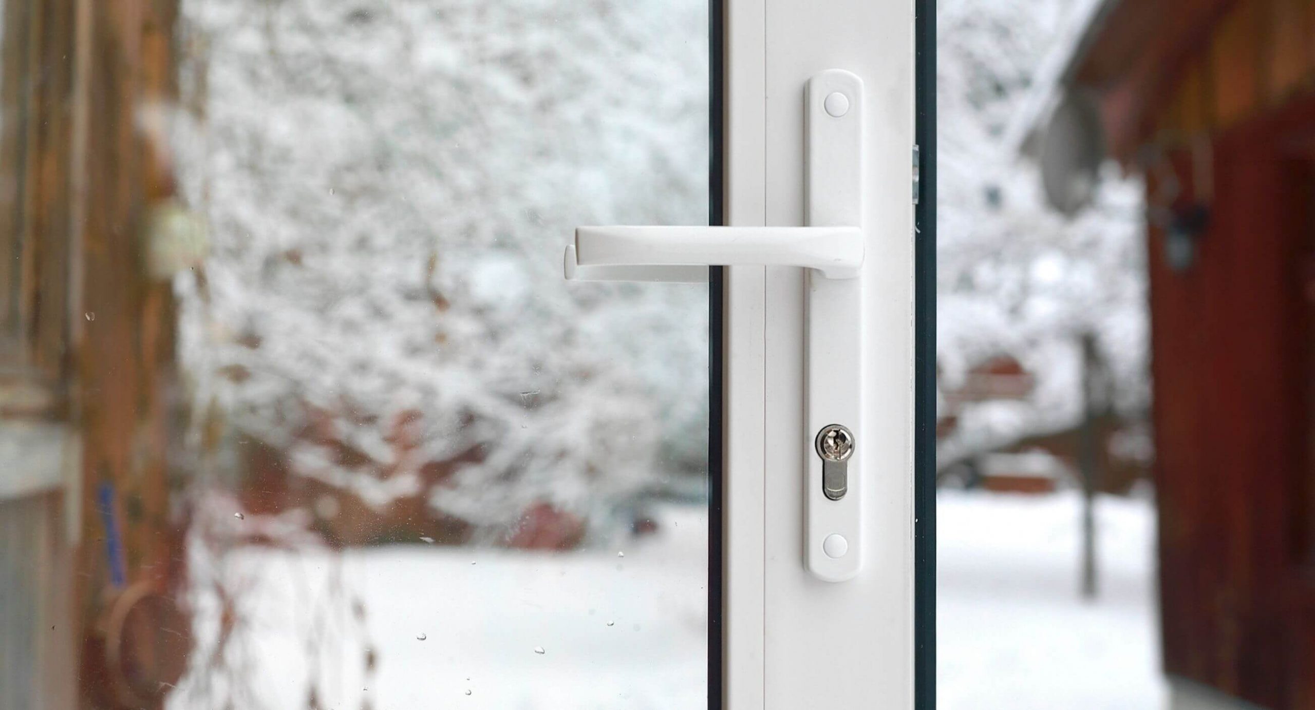 winter scene behind a glass storm door