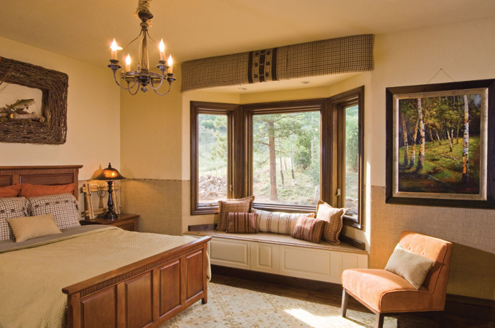 wood framed bay and bow windows in a bedroom