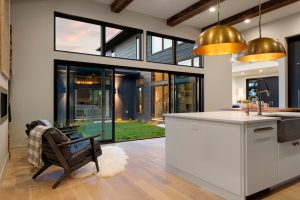 black window patio door and black window frames in a kitchen leading out to a yard