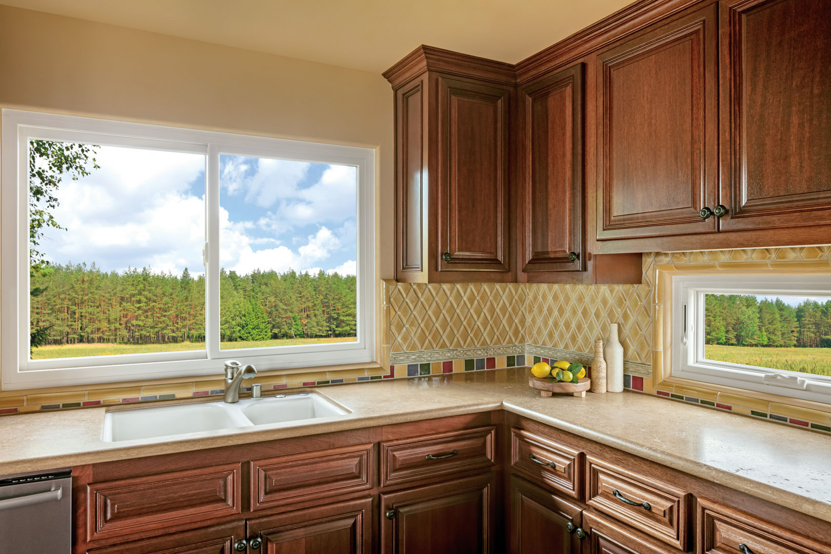 sliding window above a sink and countertops