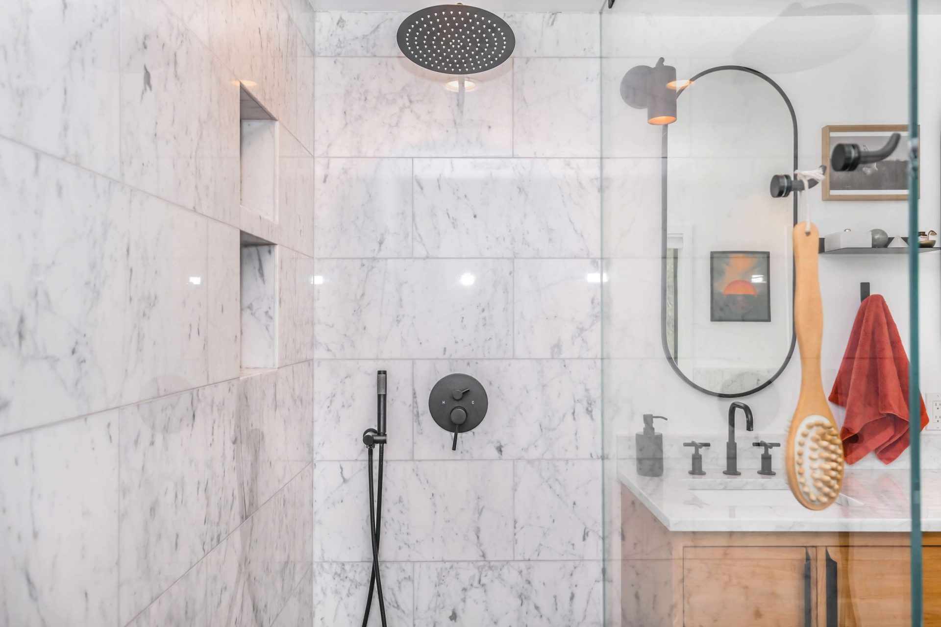 bathroom shower with big shower head