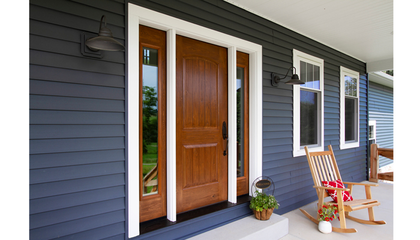 Front door and a few windows at a front home patio