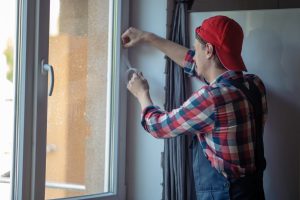 a contractor insulating windows to keep outdoor air out