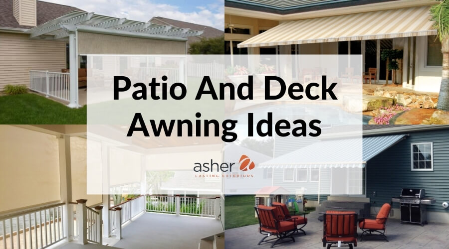 a collage of four patio and deck awning ideas