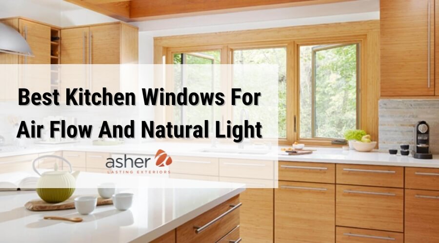 a kitchen with casement windows above a sink and countertops