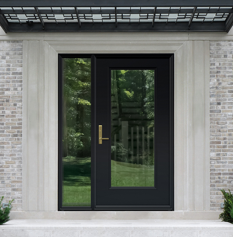 House entrance with elegant wood grain front door with sidelights